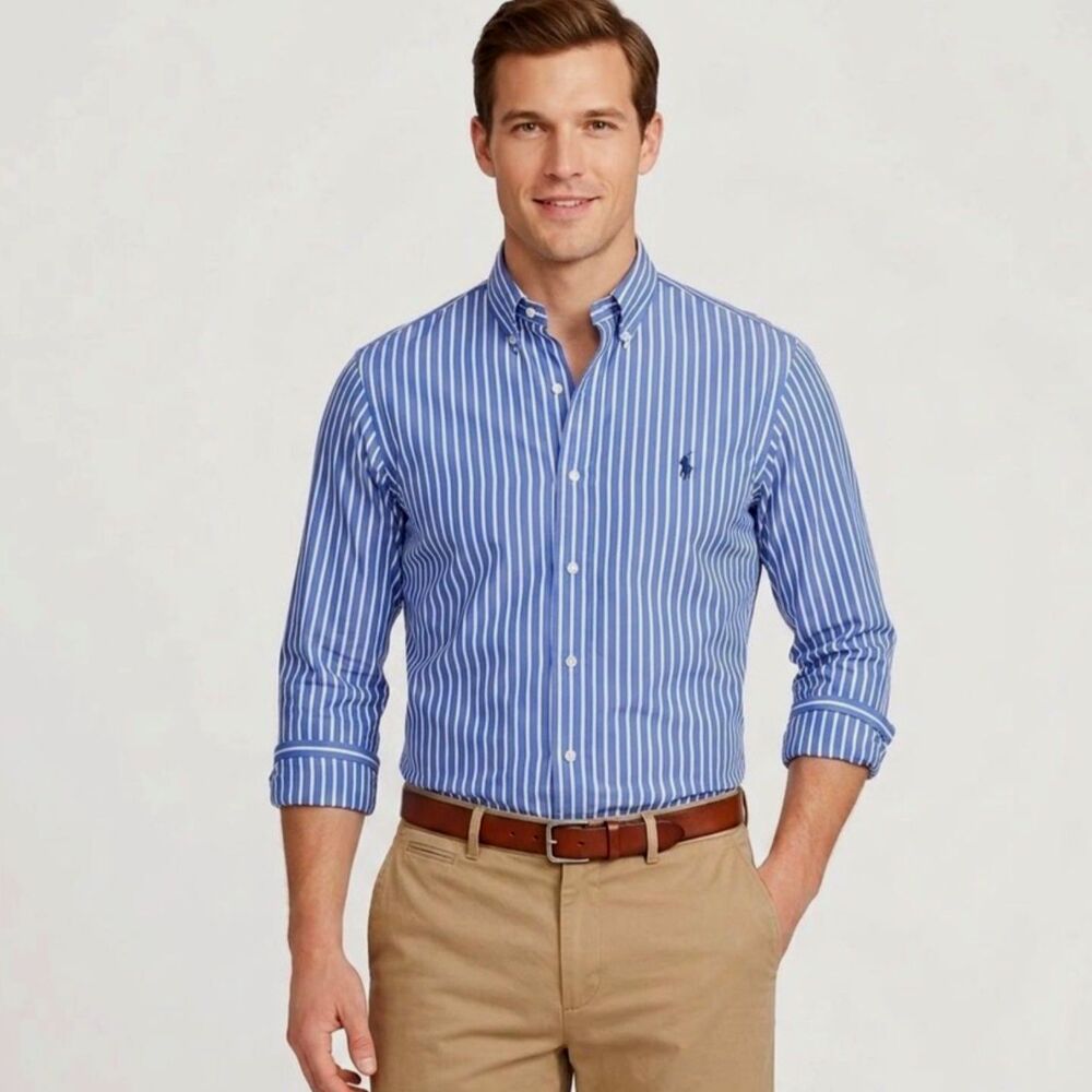Ralph Lauren Mens Cobalt Blue White Pinstripe Classic LS Button-Down Shirt Sz XL